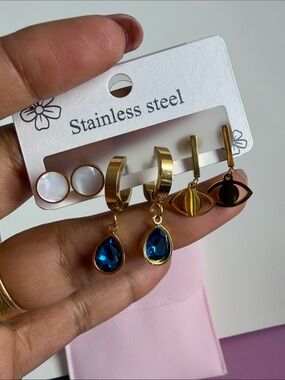Gold Stainless Steel Blue Teardrop Dangle , evil eye & shell stud Earrings set